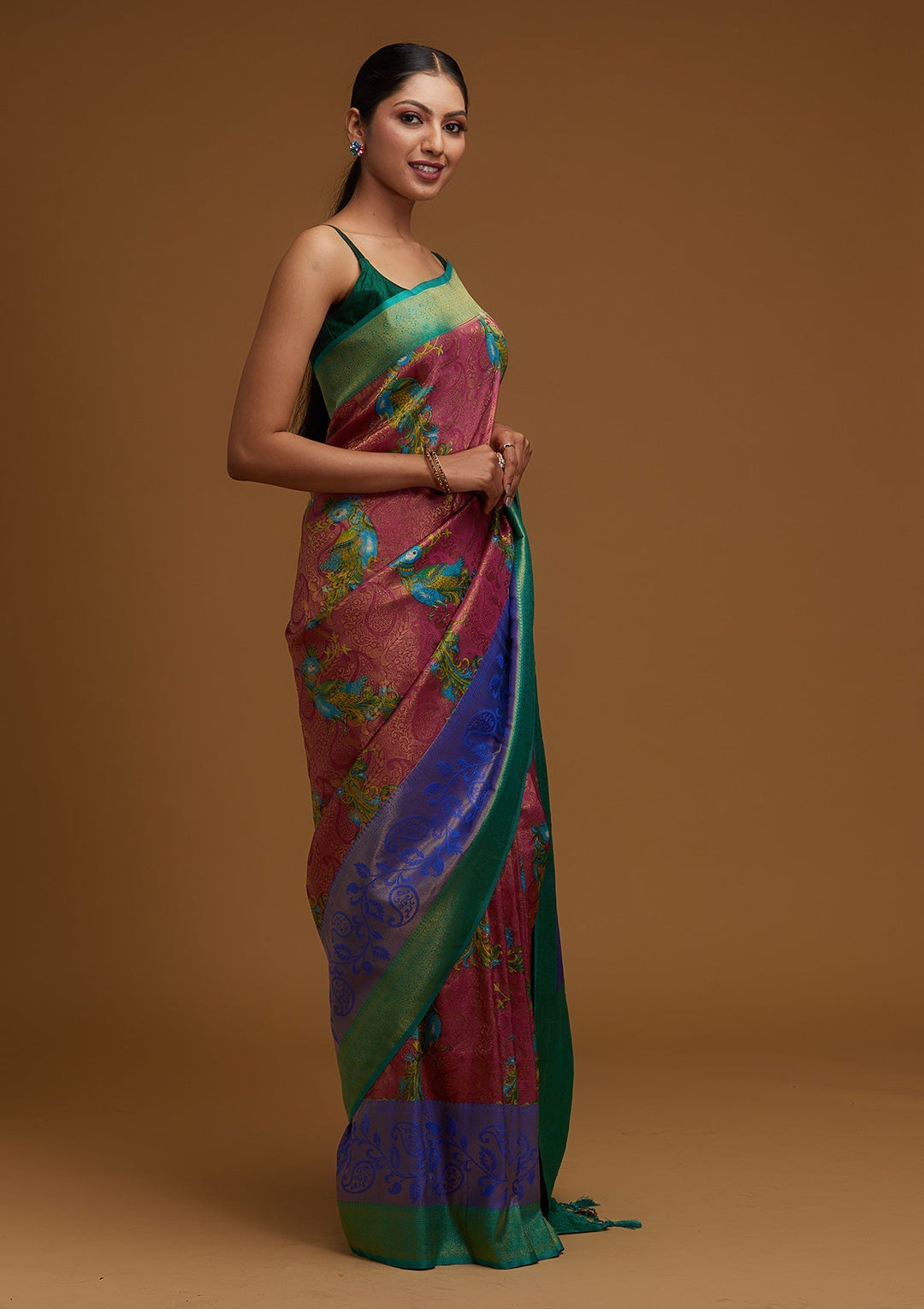 Onion Pink Zariwork Art Silk Designer Saree - Koskii