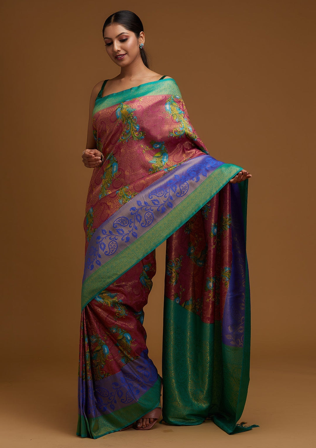 Onion Pink Zariwork Art Silk Designer Saree - Koskii