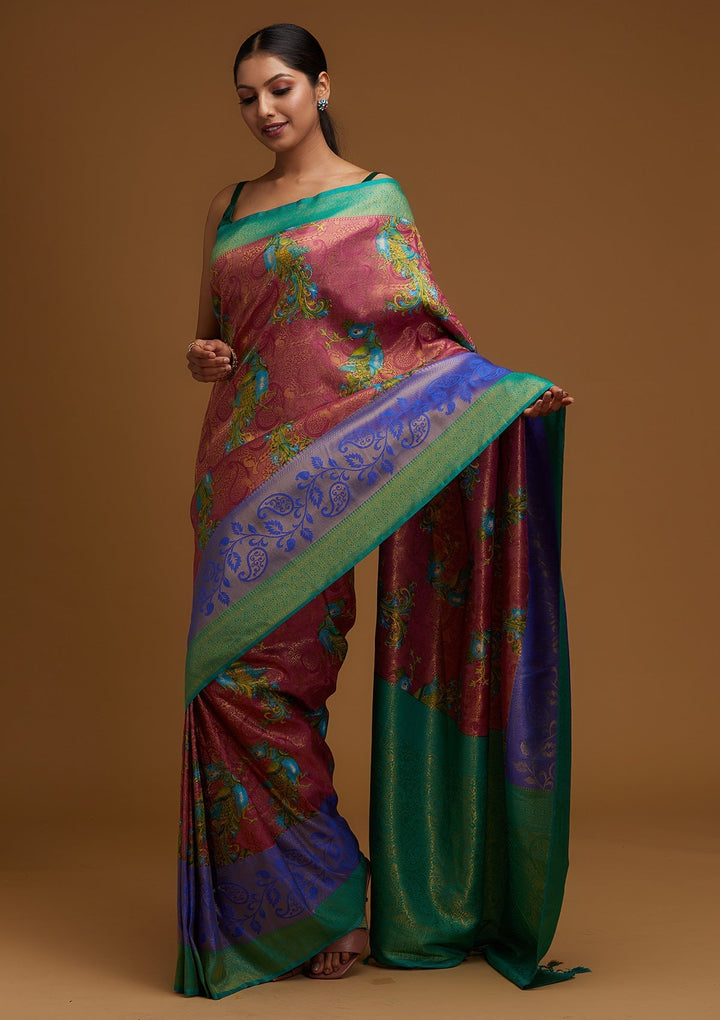 Onion Pink Zariwork Art Silk Designer Saree - Koskii