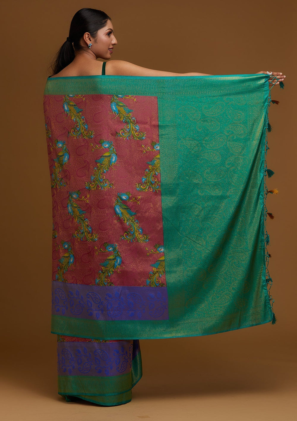 Onion Pink Zariwork Art Silk Designer Saree - Koskii