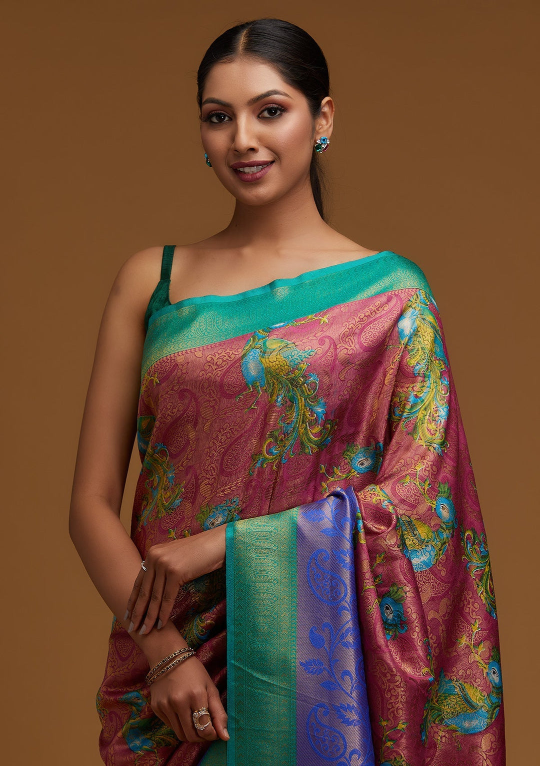 Onion Pink Zariwork Art Silk Designer Saree - Koskii