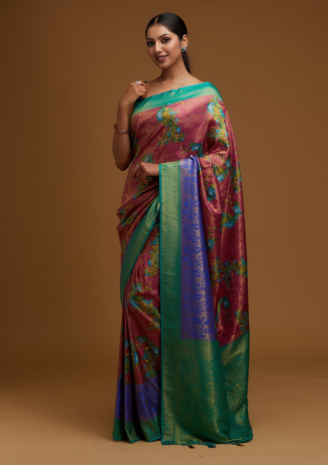 Onion Pink Zariwork Art Silk Designer Saree - Koskii