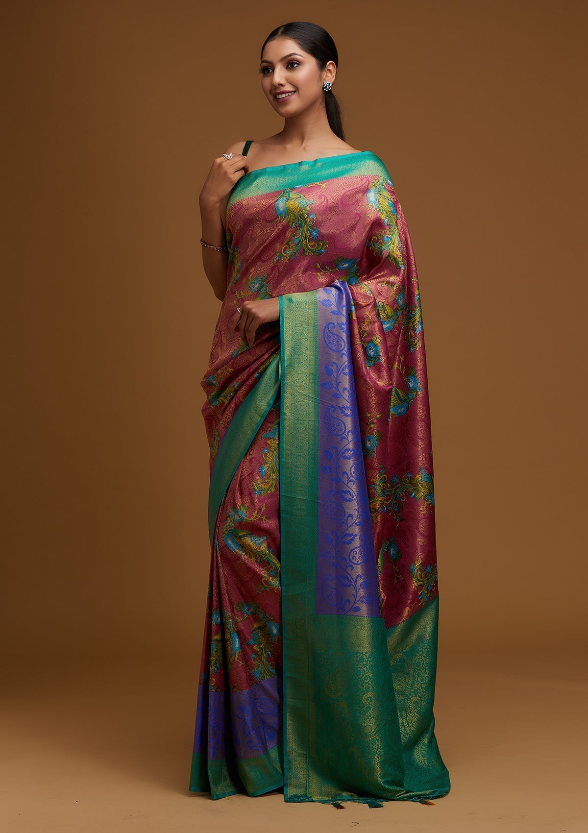 Onion Pink Zariwork Art Silk Designer Saree - Koskii