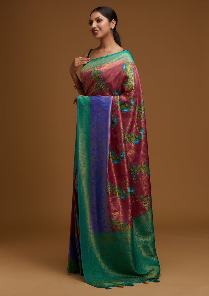 Onion Pink Zariwork Art Silk Designer Saree - Koskii
