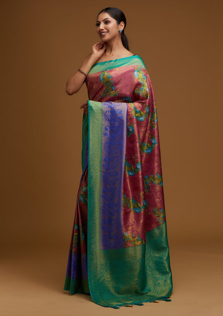 Onion Pink Zariwork Art Silk Designer Saree - Koskii