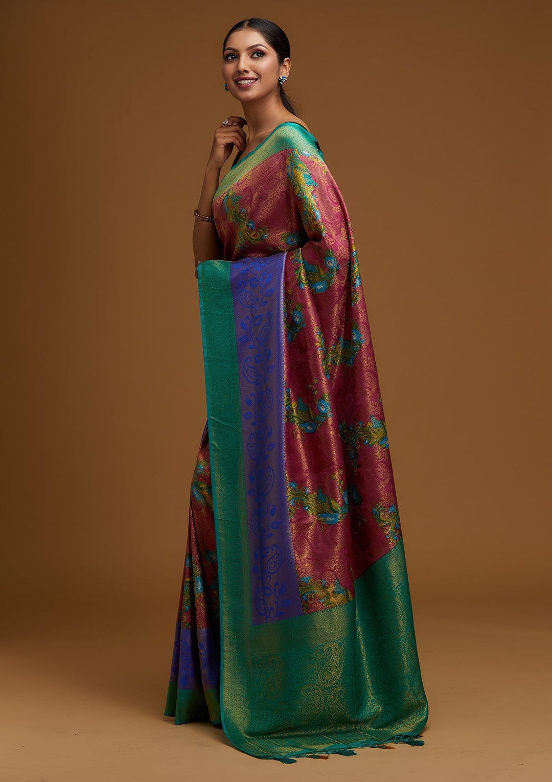 Onion Pink Zariwork Art Silk Designer Saree - Koskii
