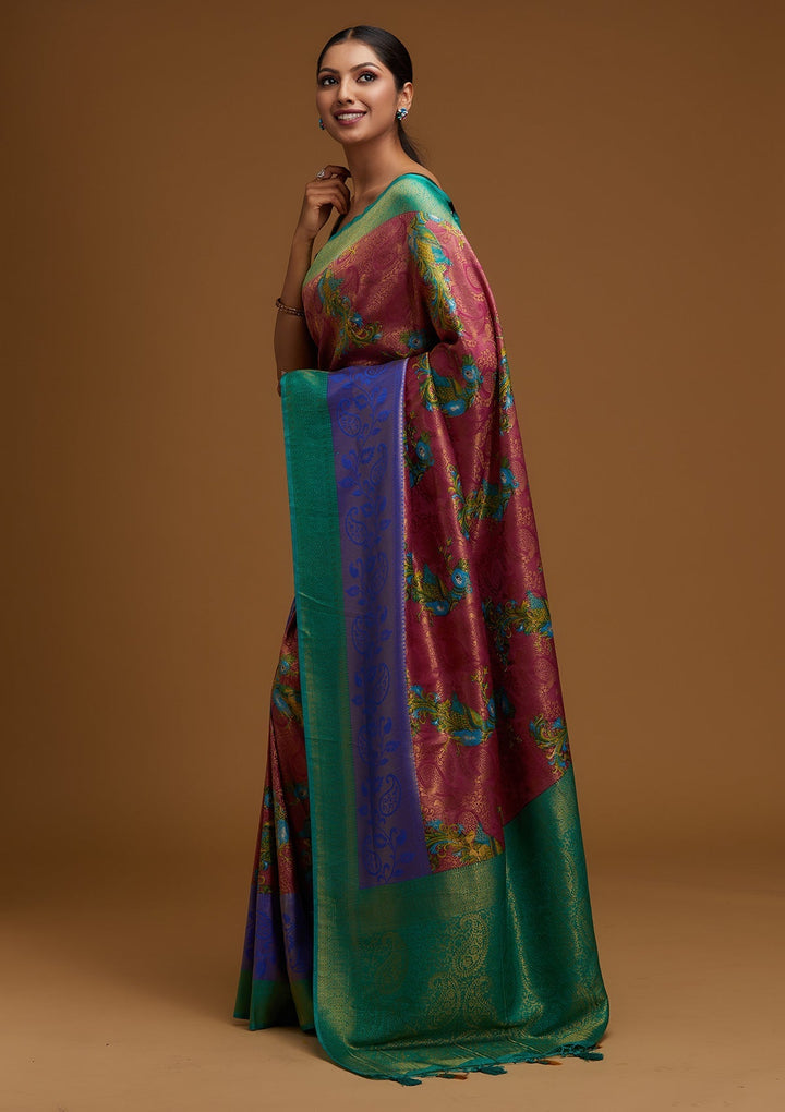 Onion Pink Zariwork Art Silk Designer Saree - Koskii
