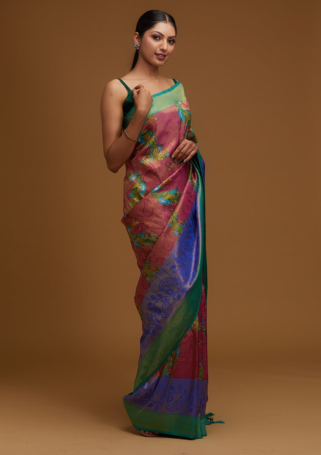 Onion Pink Zariwork Art Silk Designer Saree - Koskii