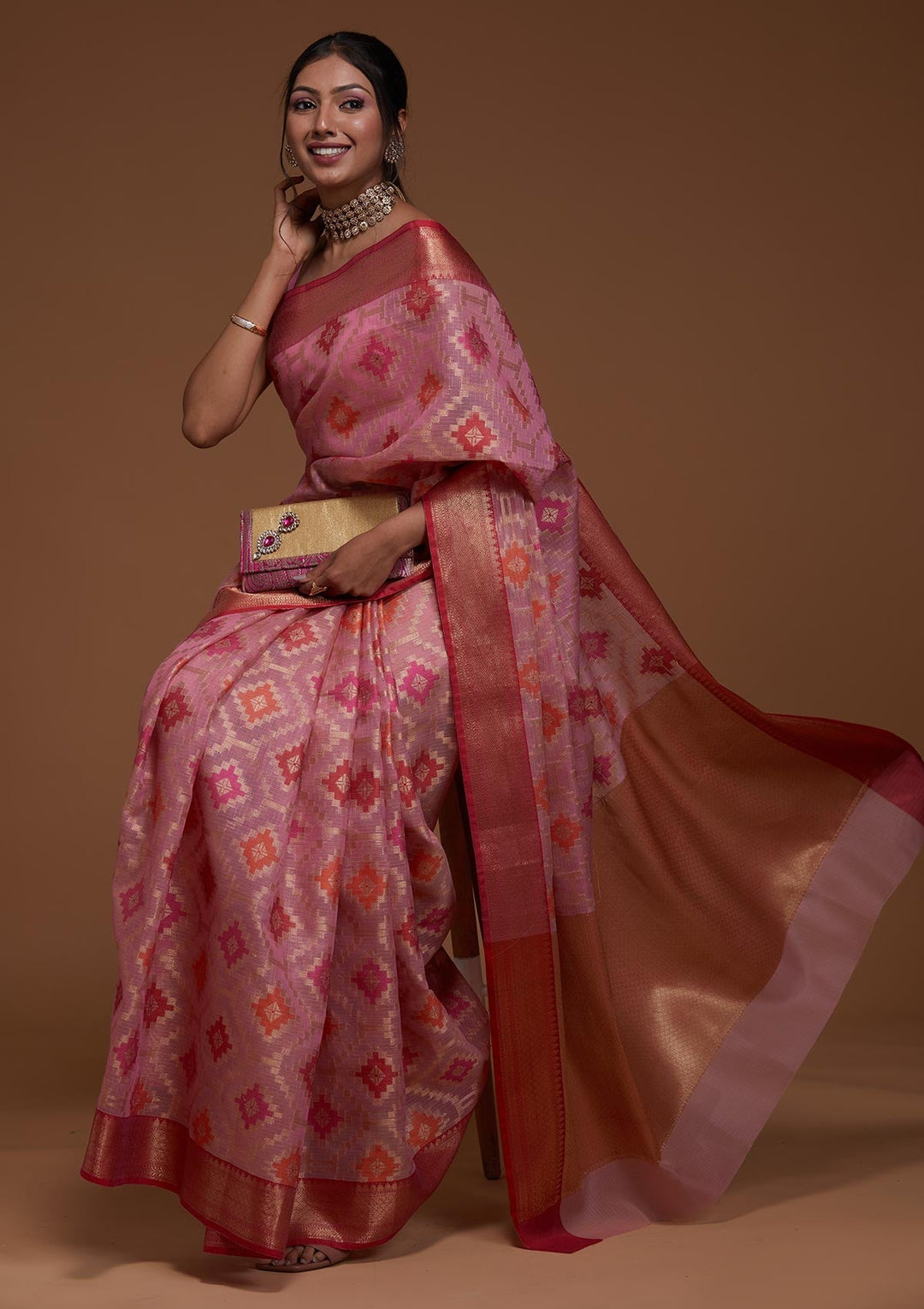 Onion Pink Zariwork Art Silk Saree-Koskii