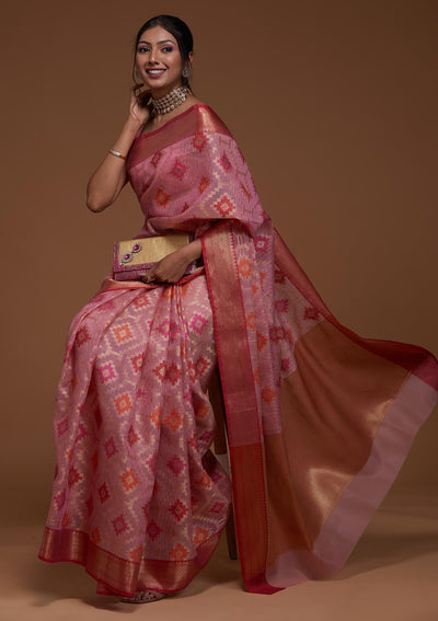 Onion Pink Zariwork Art Silk Saree-Koskii