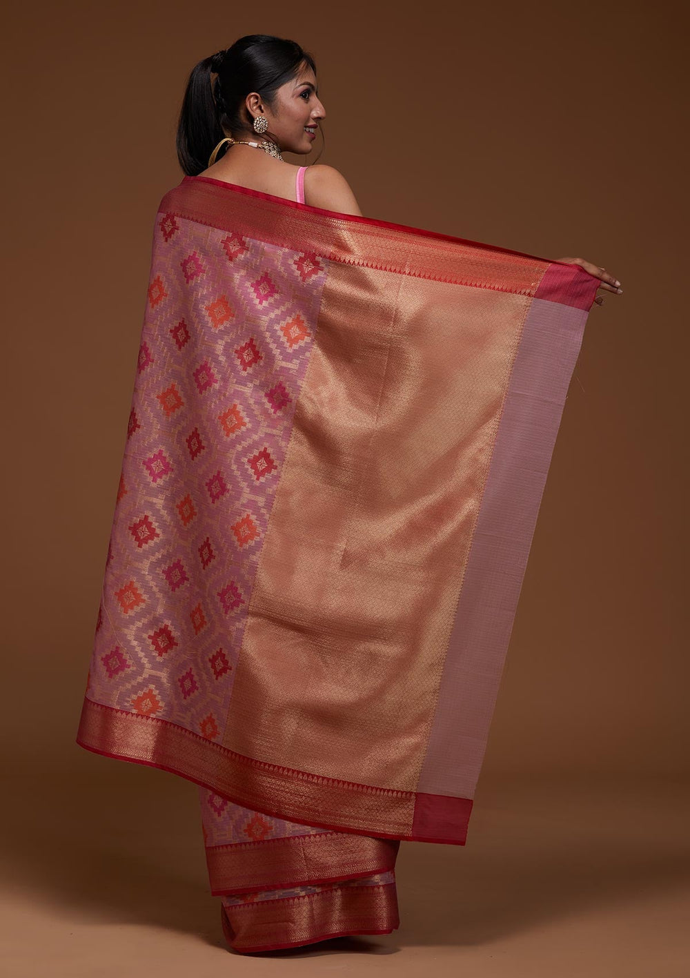 Onion Pink Zariwork Art Silk Saree-Koskii
