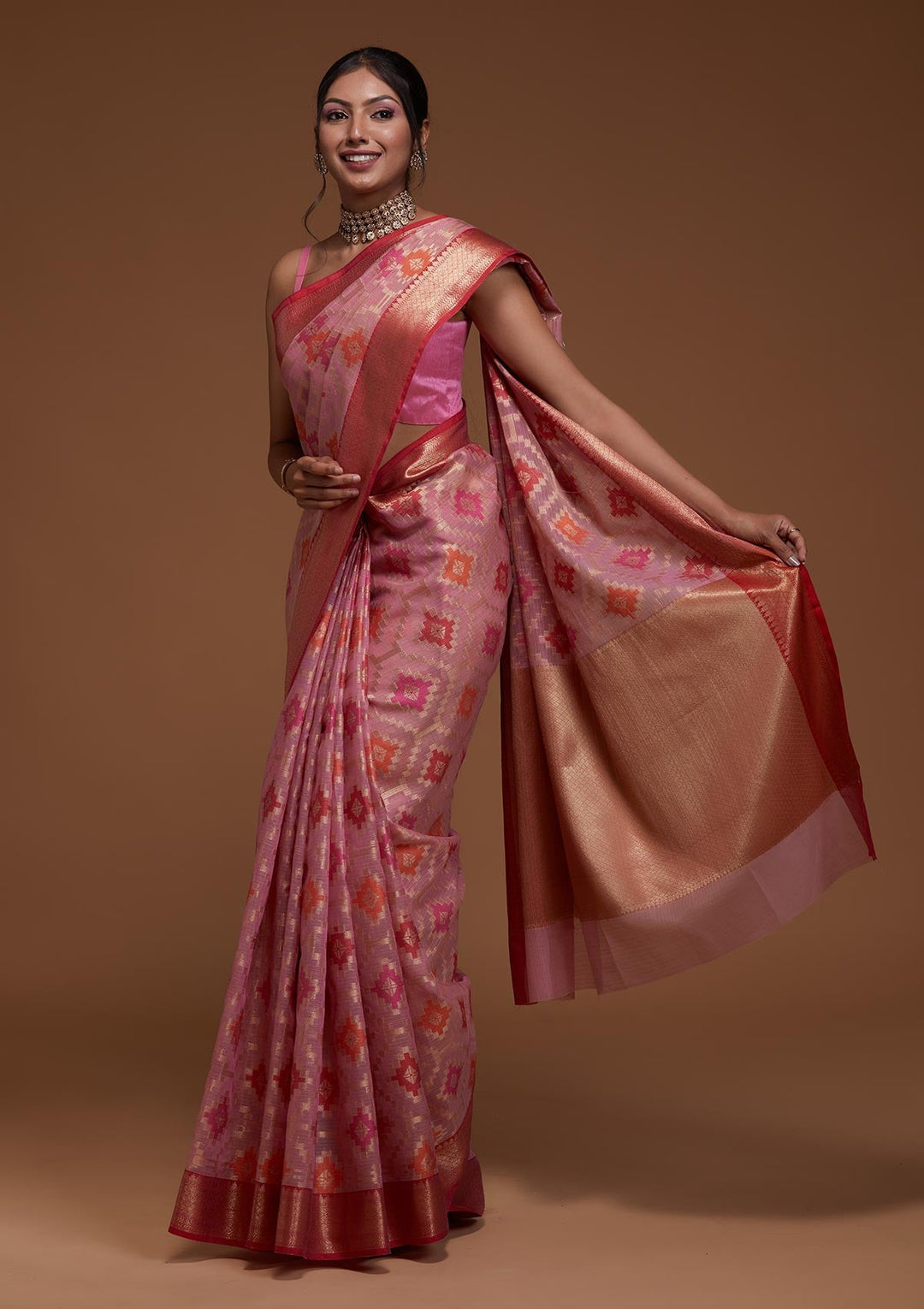 Onion Pink Zariwork Art Silk Saree-Koskii