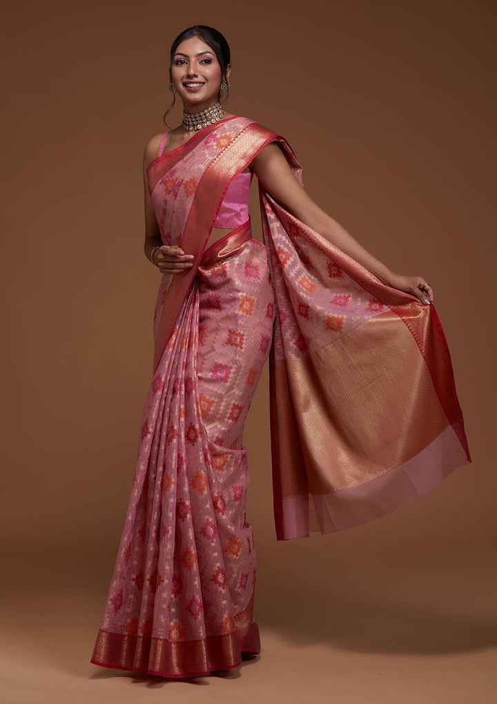 Onion Pink Zariwork Art Silk Saree-Koskii