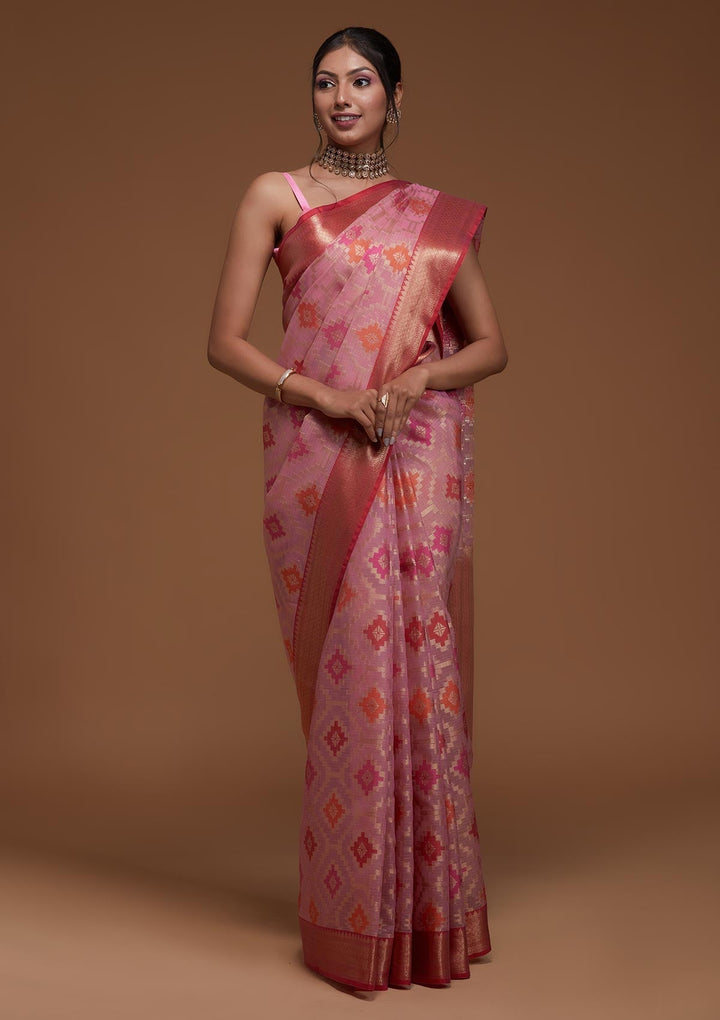 Onion Pink Zariwork Art Silk Saree-Koskii
