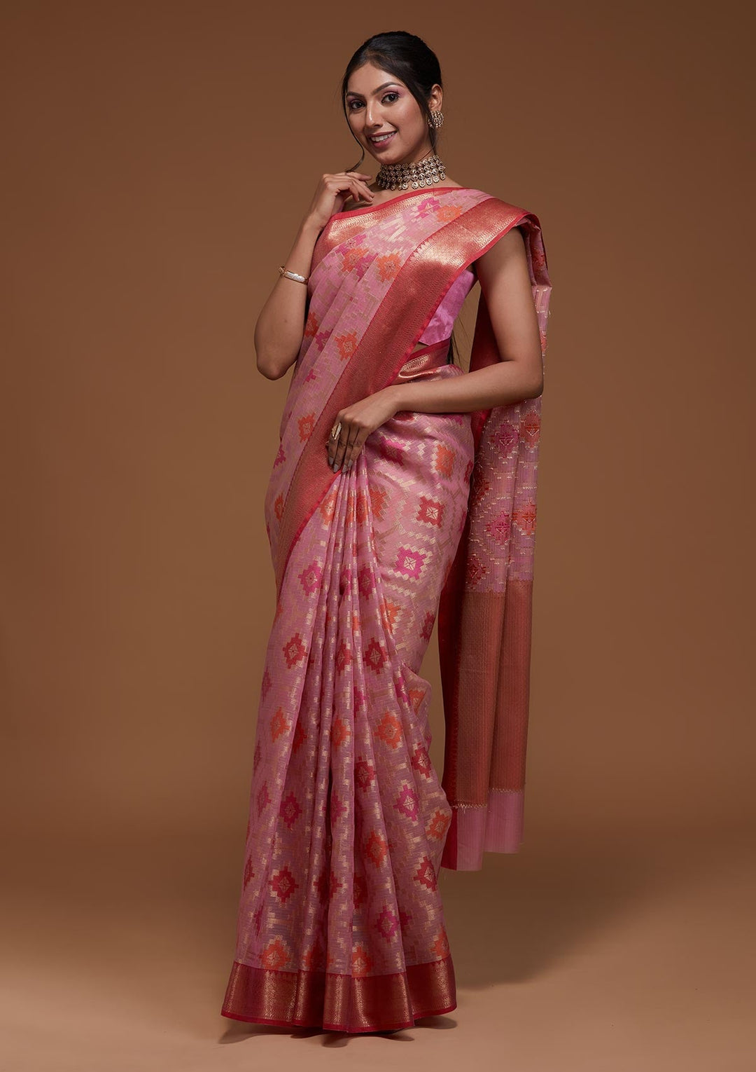 Onion Pink Zariwork Art Silk Saree-Koskii