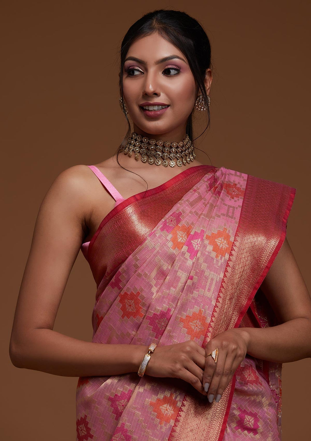 Onion Pink Zariwork Art Silk Saree-Koskii