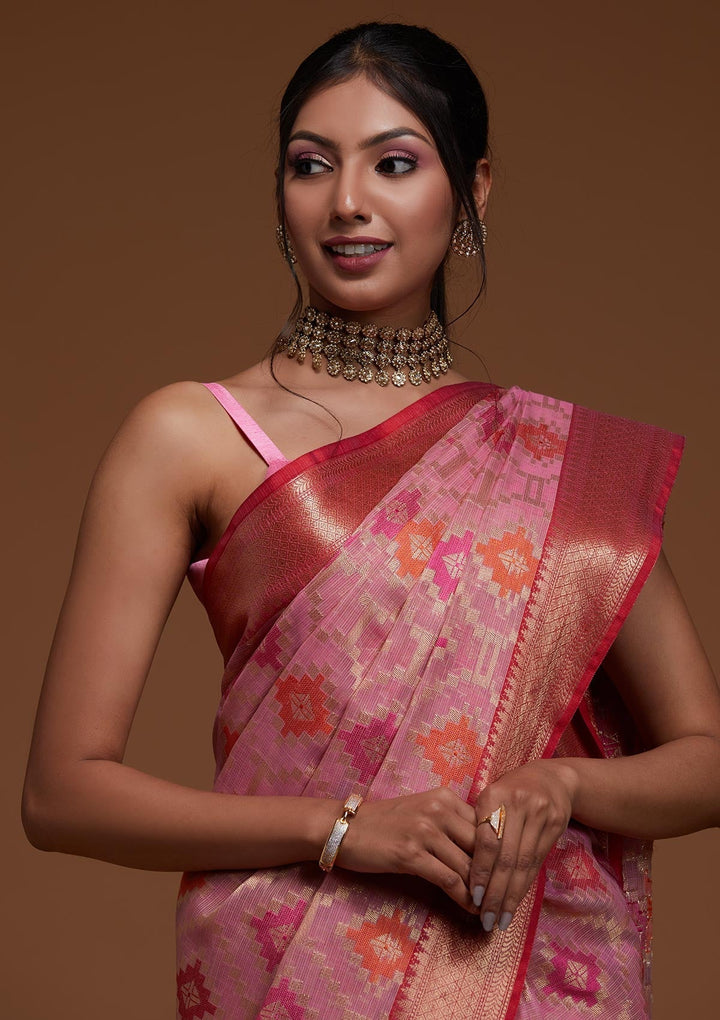 Onion Pink Zariwork Art Silk Saree-Koskii