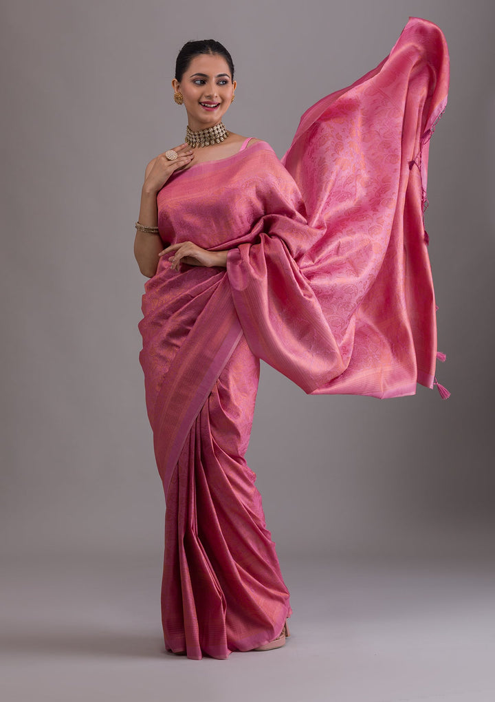 Onion Pink Zariwork Art Silk Saree-Koskii