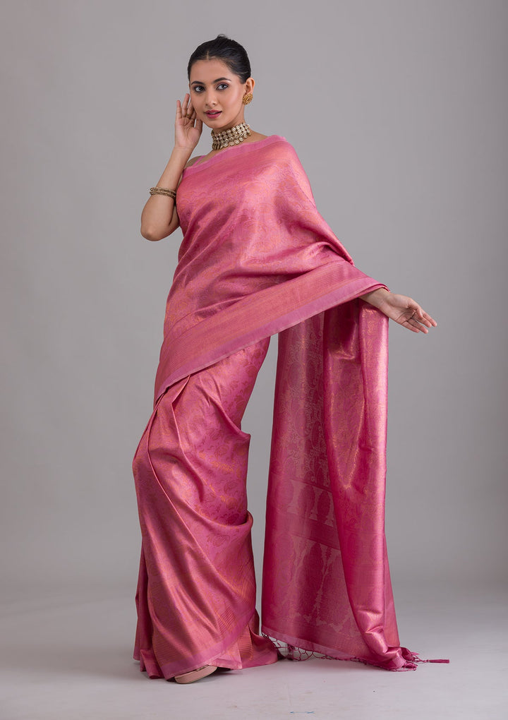 Onion Pink Zariwork Art Silk Saree-Koskii