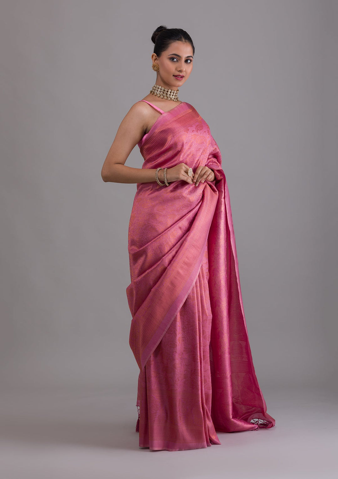 Onion Pink Zariwork Art Silk Saree-Koskii