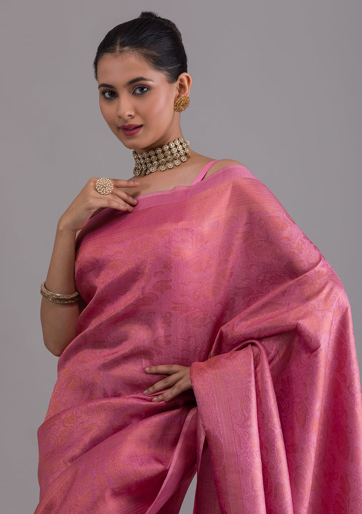 Onion Pink Zariwork Art Silk Saree-Koskii