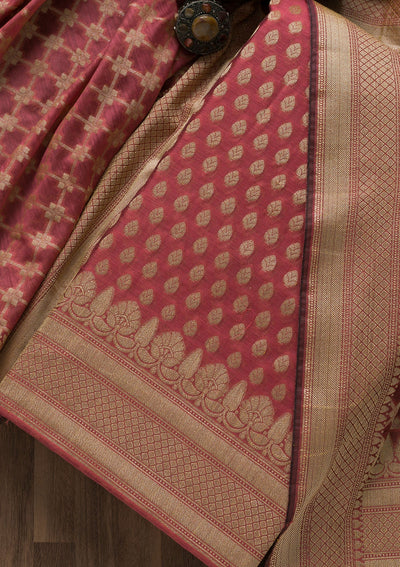 Onion Pink Zariwork Banarasi Unstitched Salwar Suit-Koskii