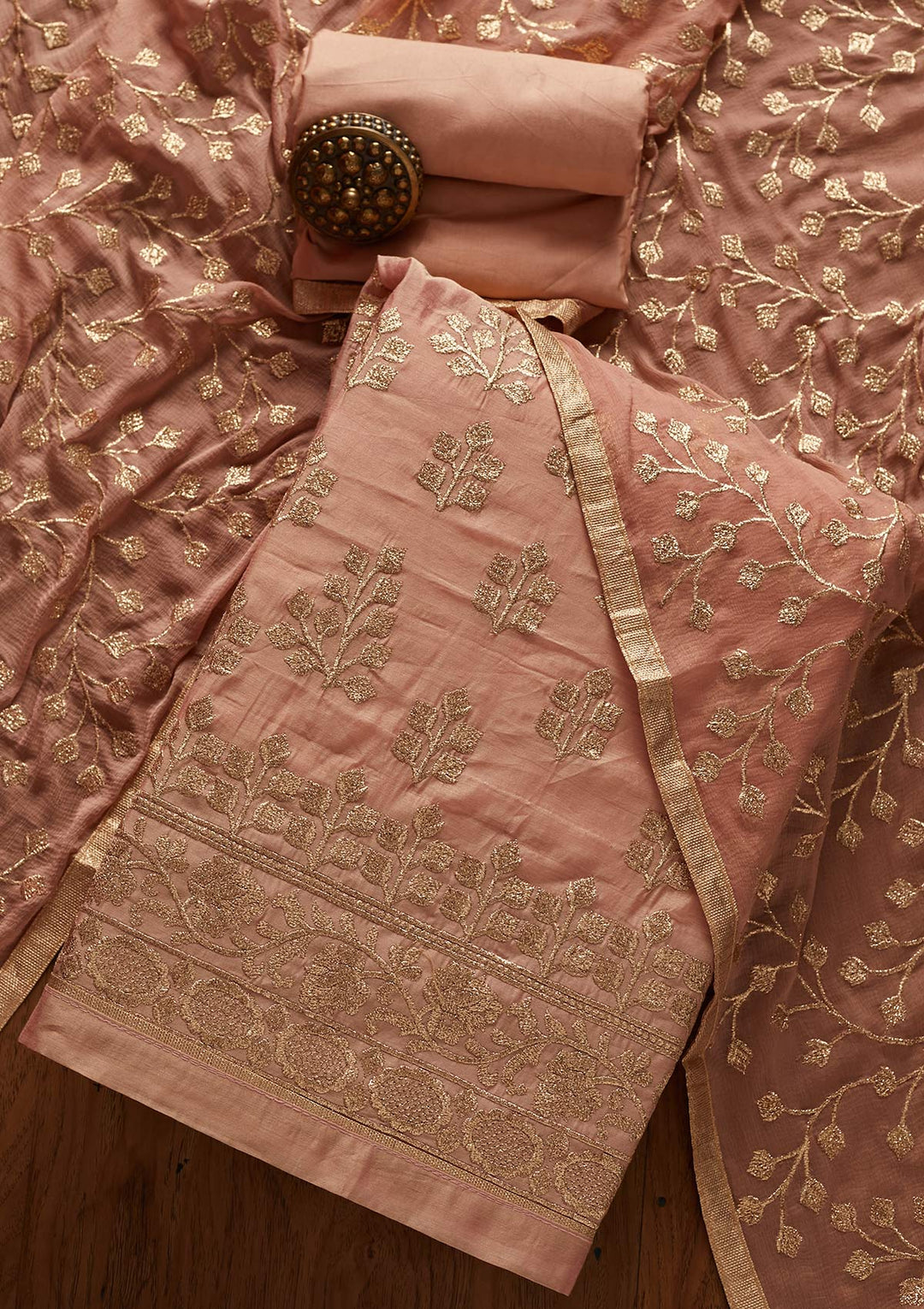 Onion Pink Zariwork Chanderi Designer Unstitched Salwar Suit - koskii
