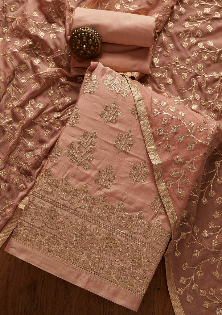 Onion Pink Zariwork Chanderi Designer Unstitched Salwar Suit - koskii