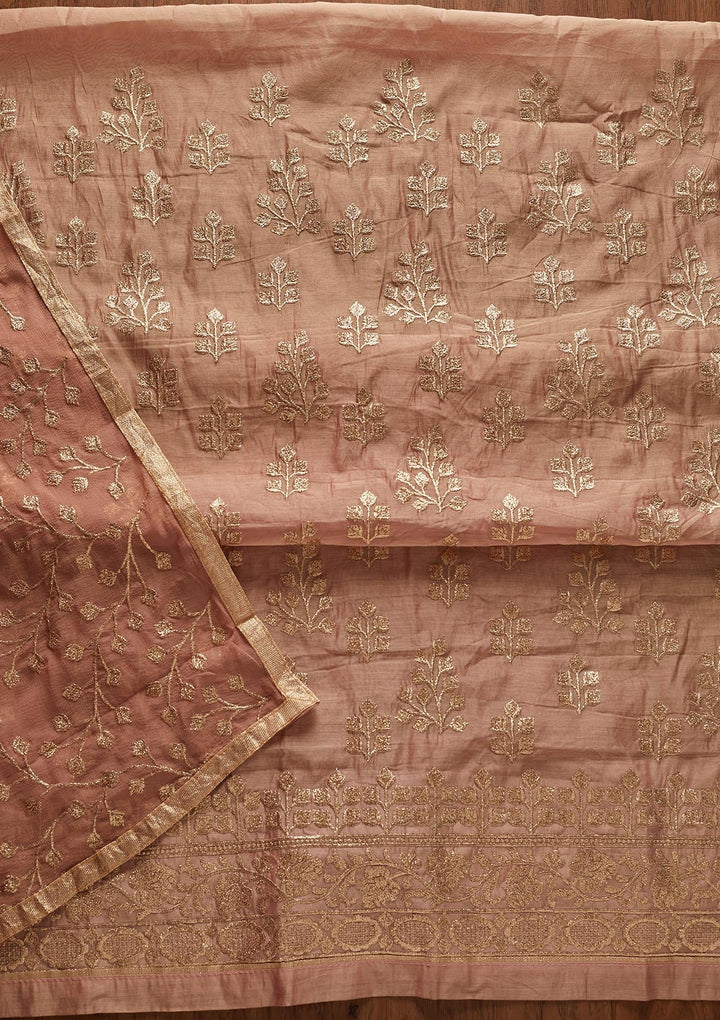 Onion Pink Zariwork Chanderi Designer Unstitched Salwar Suit - koskii