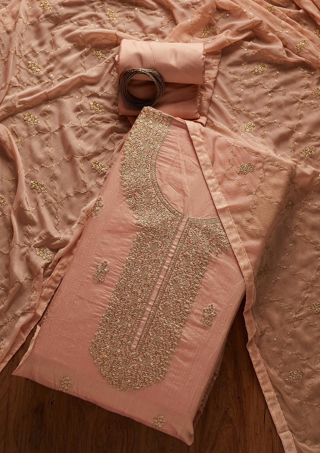 Onion Pink Zariwork Chanderi Designer Unstitched Salwar Suit - koskii