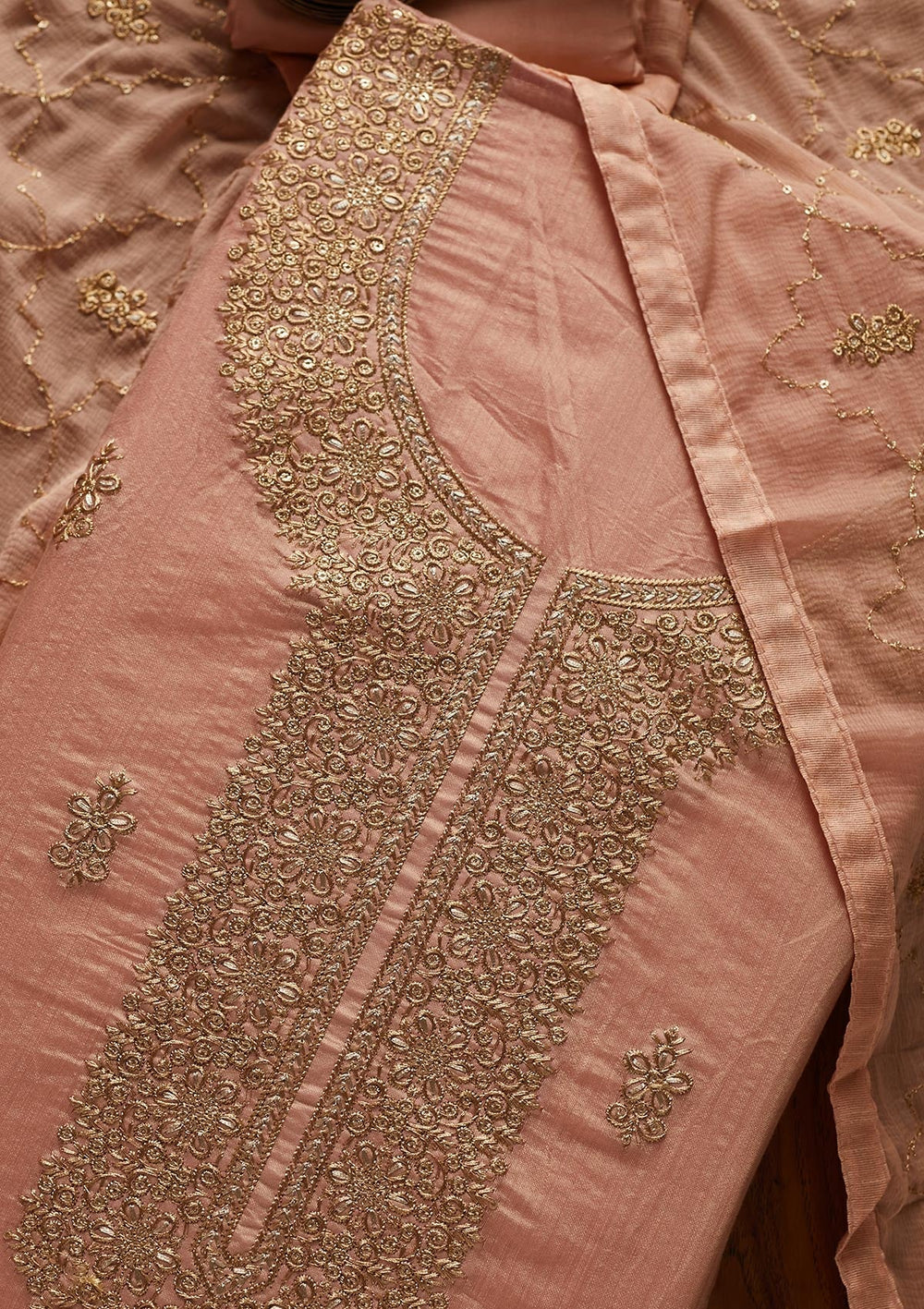 Onion Pink Zariwork Chanderi Designer Unstitched Salwar Suit - koskii