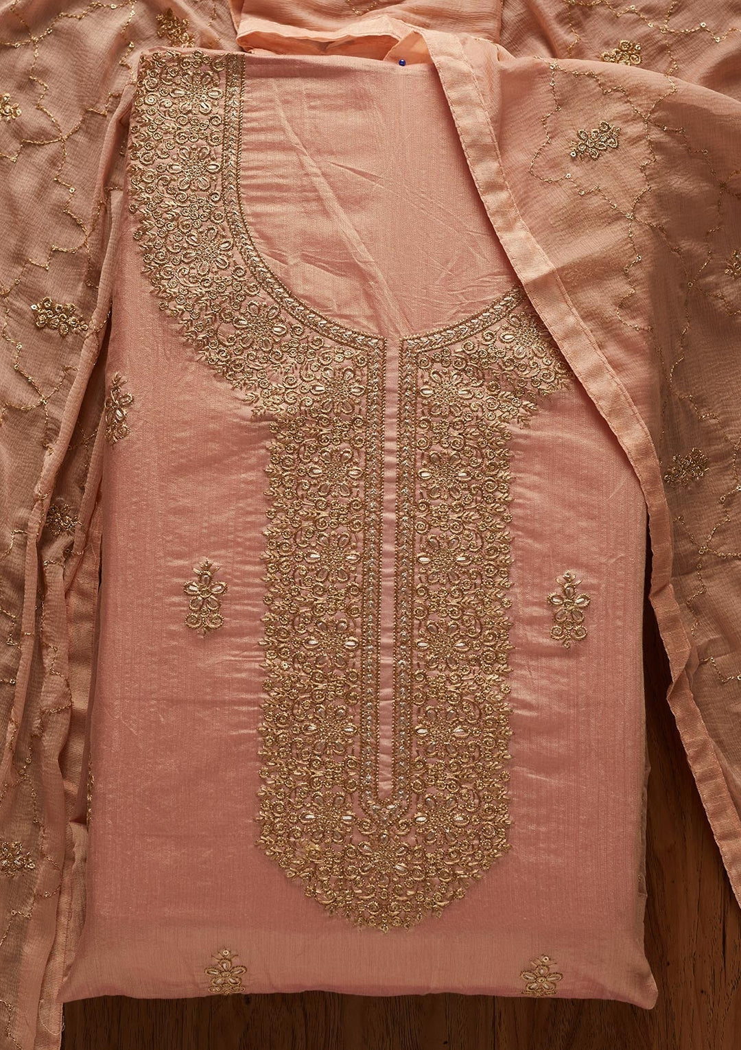 Onion Pink Zariwork Chanderi Designer Unstitched Salwar Suit - koskii