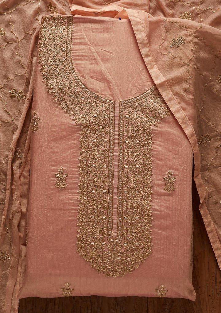 Onion Pink Zariwork Chanderi Designer Unstitched Salwar Suit - koskii