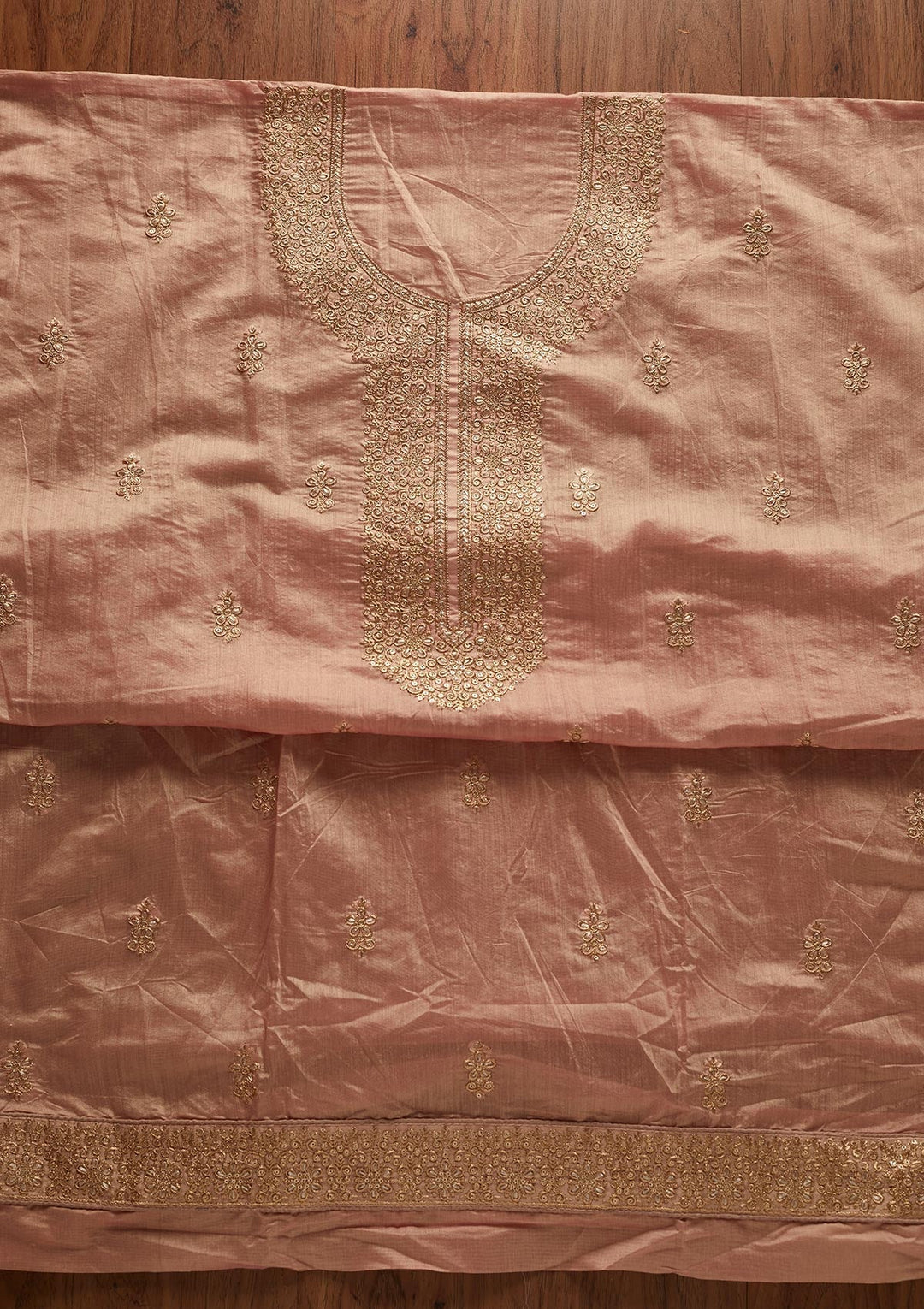 Onion Pink Zariwork Chanderi Designer Unstitched Salwar Suit - koskii