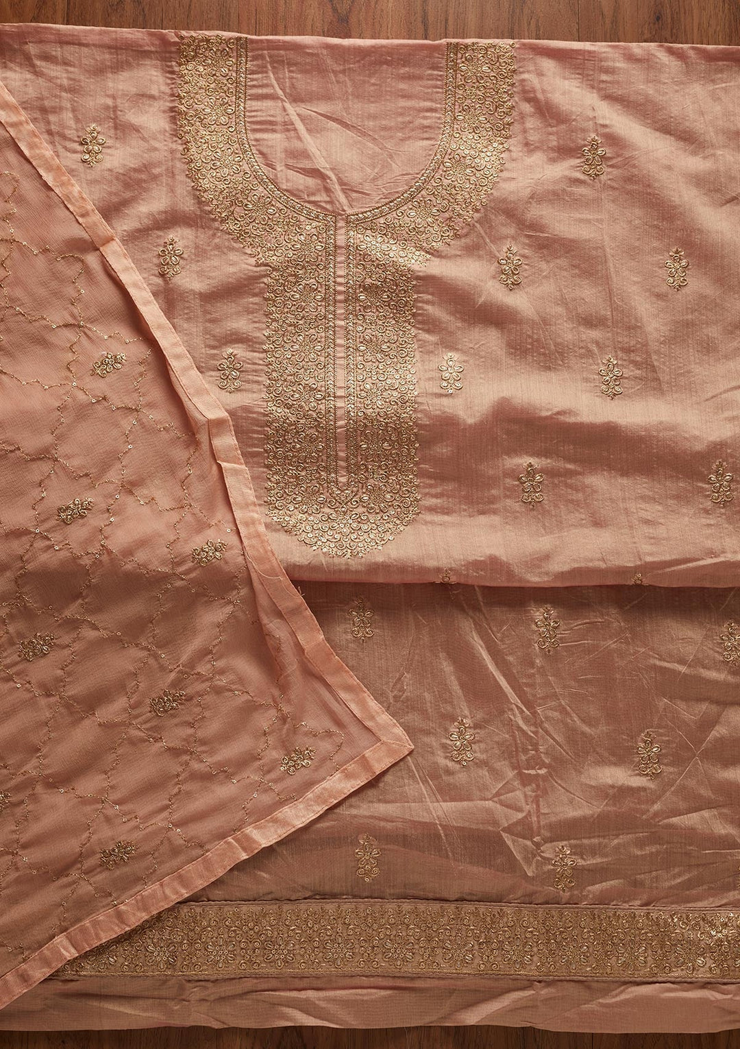 Onion Pink Zariwork Chanderi Designer Unstitched Salwar Suit - koskii
