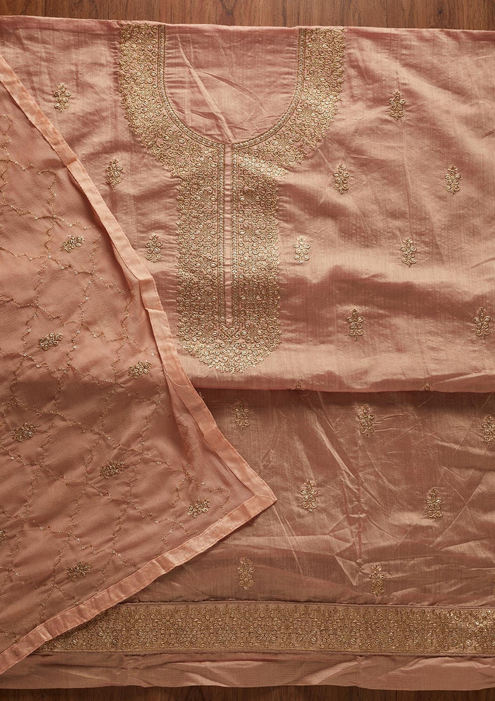 Onion Pink Zariwork Chanderi Designer Unstitched Salwar Suit - koskii