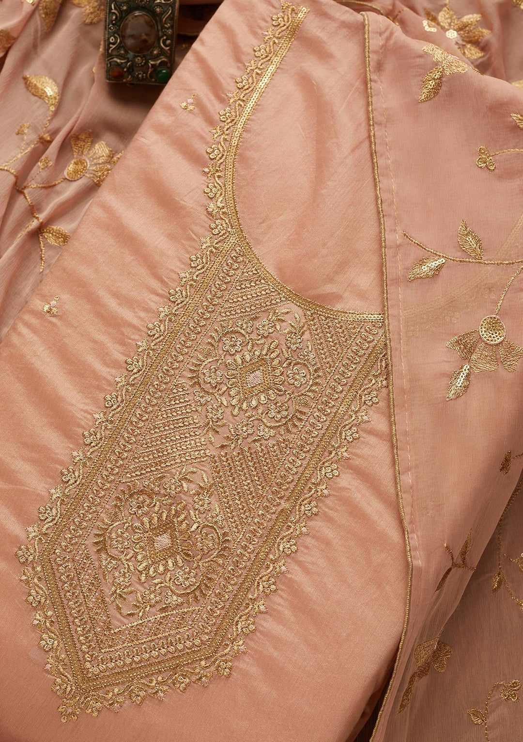 Onion Pink Zariwork Chanderi Unstitched Salwar Suit-Koskii
