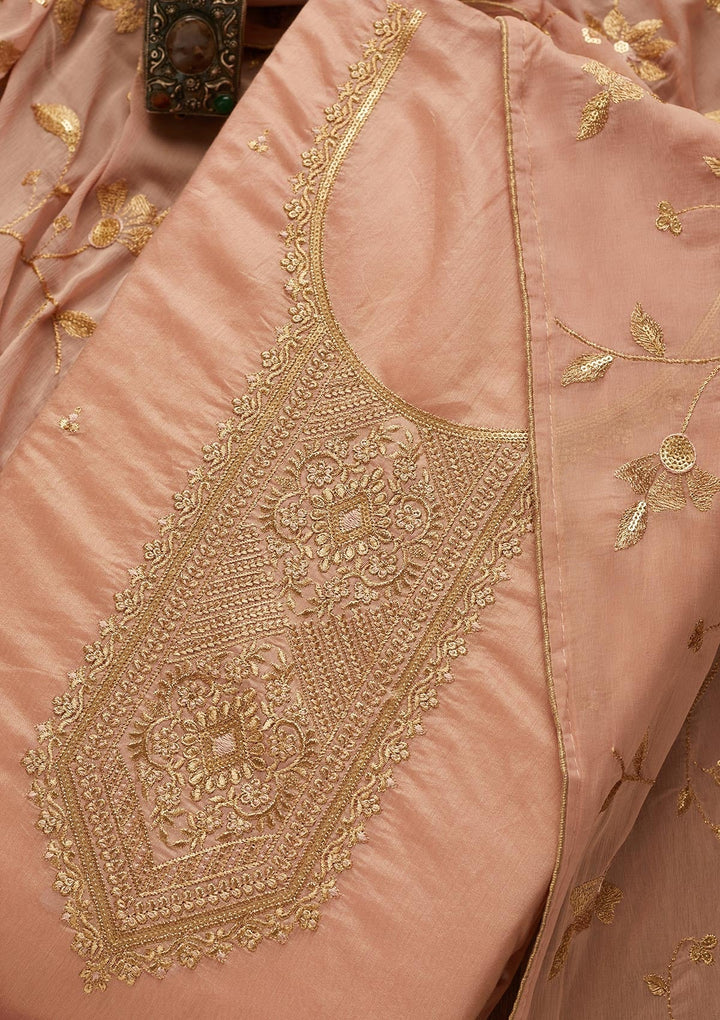 Onion Pink Zariwork Chanderi Unstitched Salwar Suit-Koskii