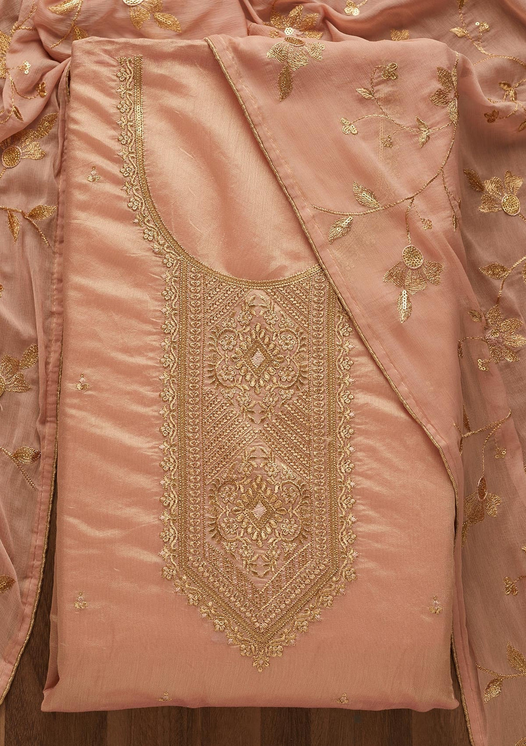 Onion Pink Zariwork Chanderi Unstitched Salwar Suit-Koskii