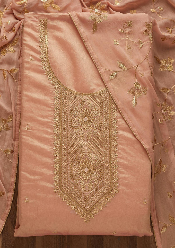 Onion Pink Zariwork Chanderi Unstitched Salwar Suit-Koskii