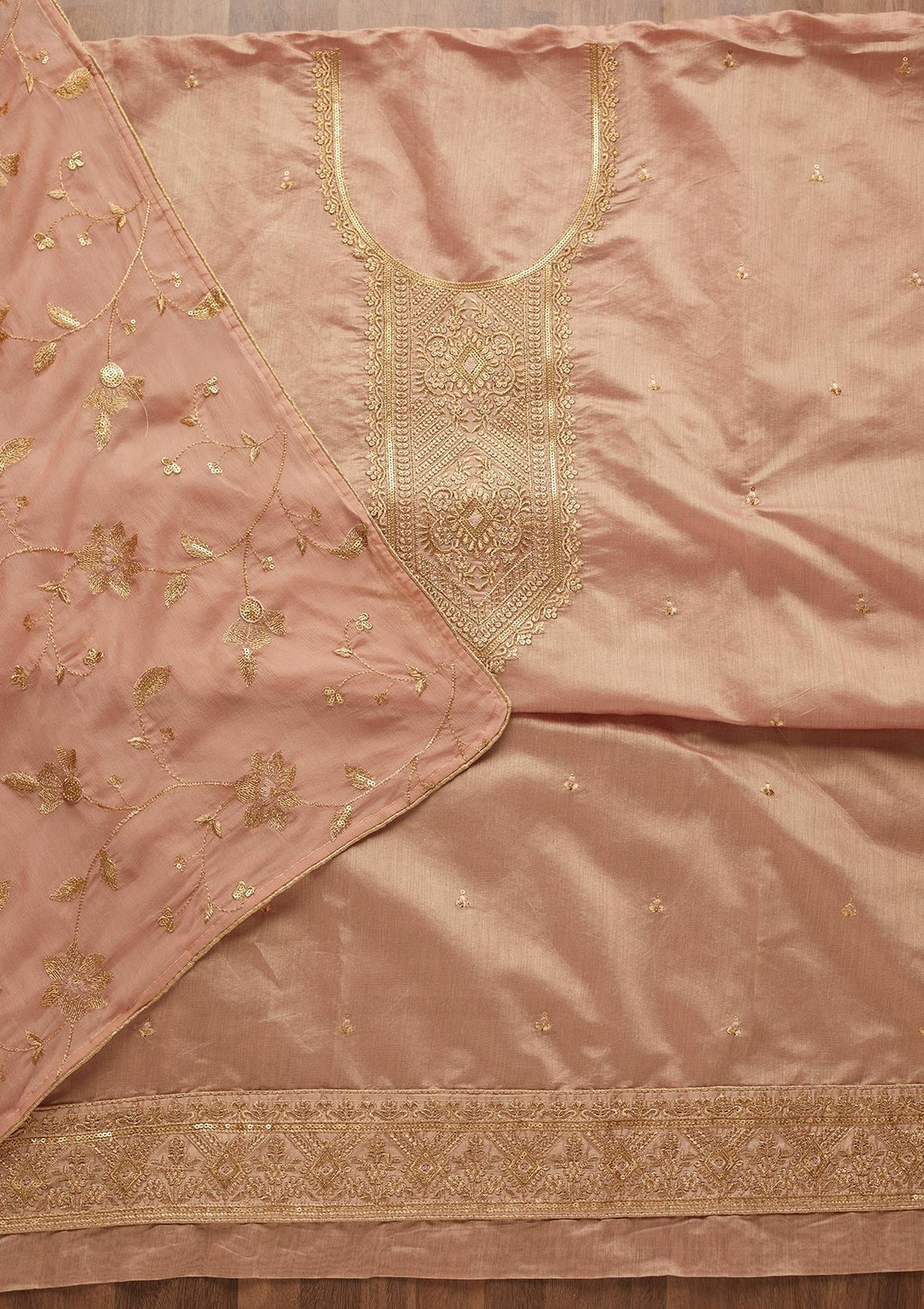 Onion Pink Zariwork Chanderi Unstitched Salwar Suit-Koskii