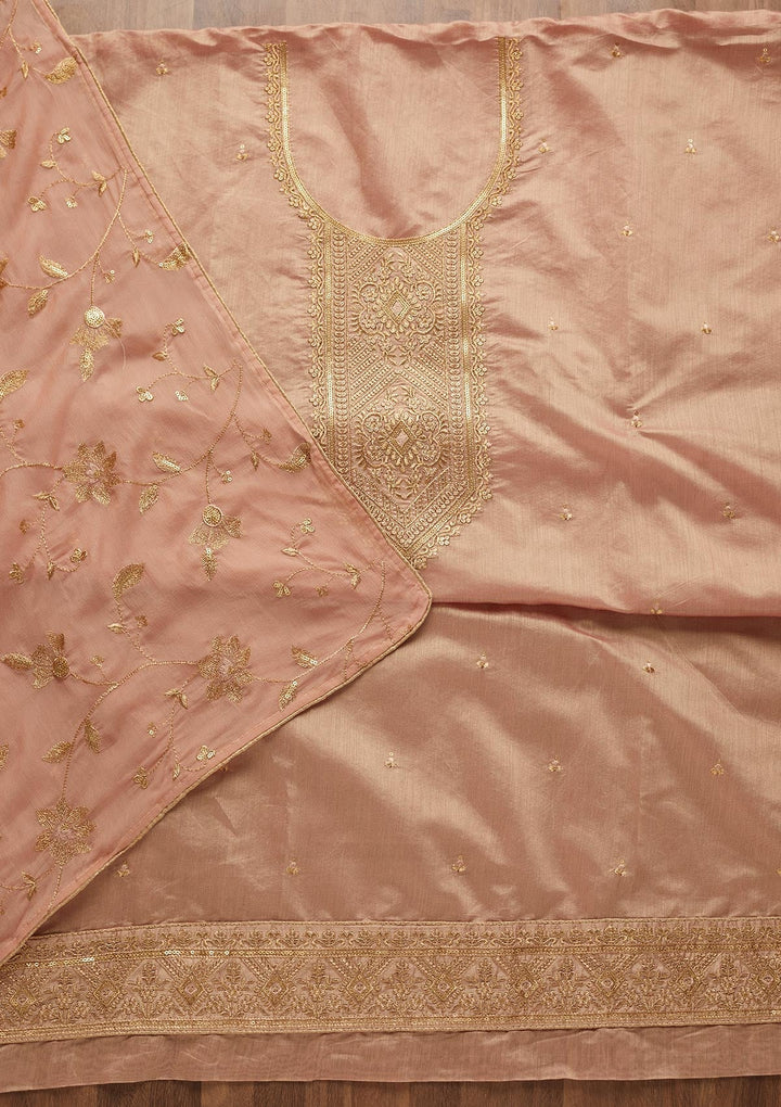 Onion Pink Zariwork Chanderi Unstitched Salwar Suit-Koskii