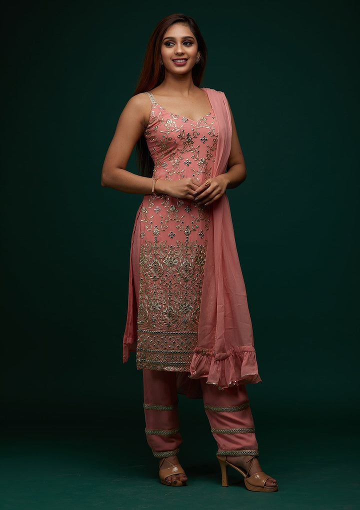 Onion Pink Zariwork Georgette Designer Salwar Suit - Koskii