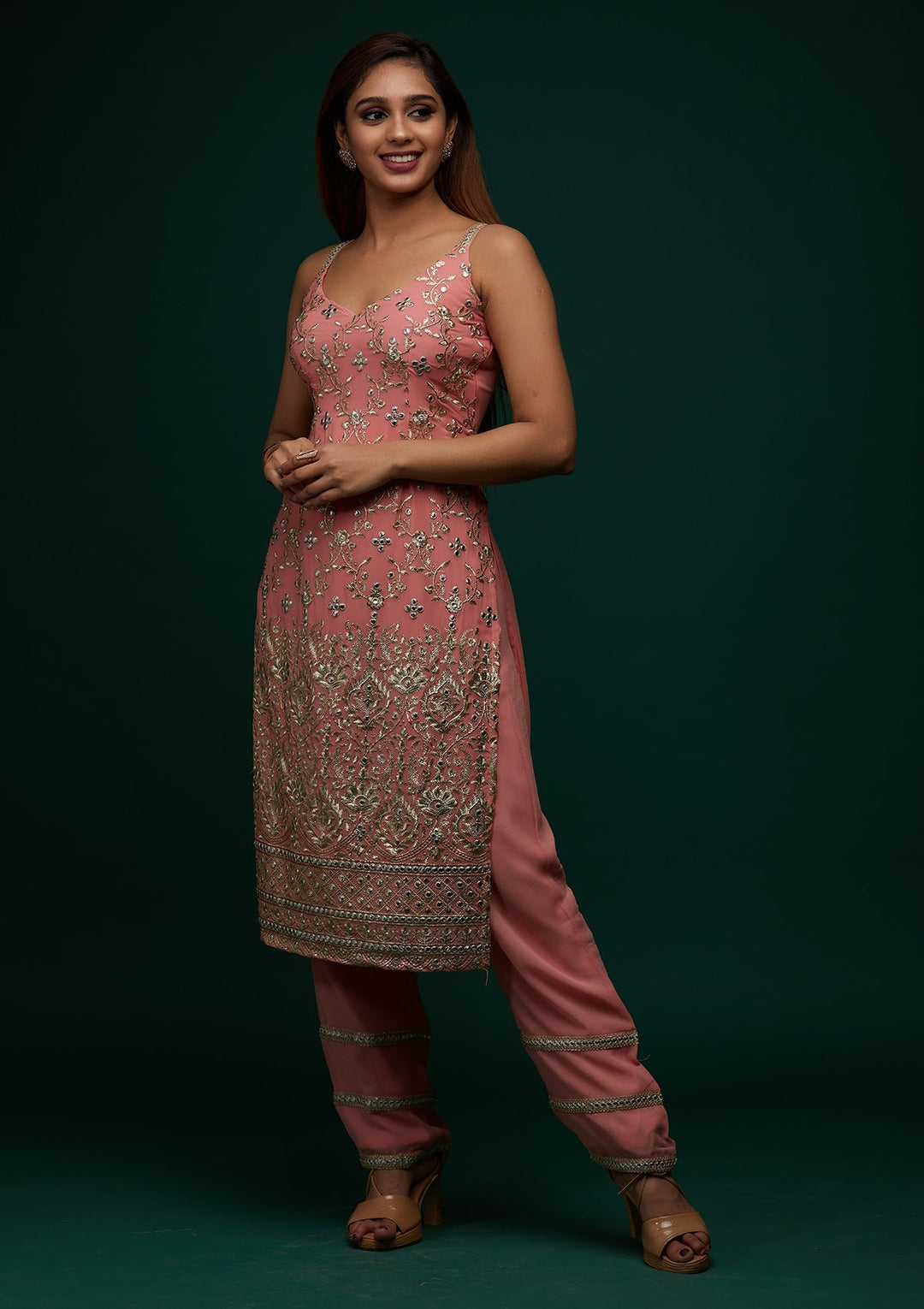Onion Pink Zariwork Georgette Designer Salwar Suit - Koskii