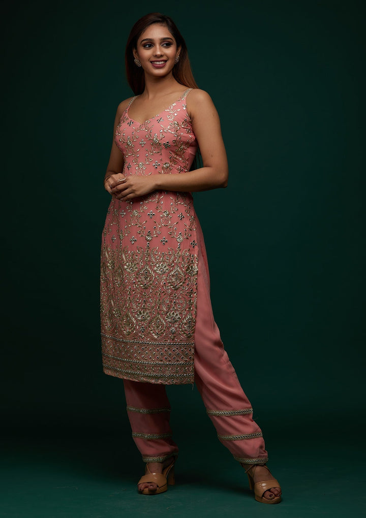 Onion Pink Zariwork Georgette Designer Salwar Suit - Koskii
