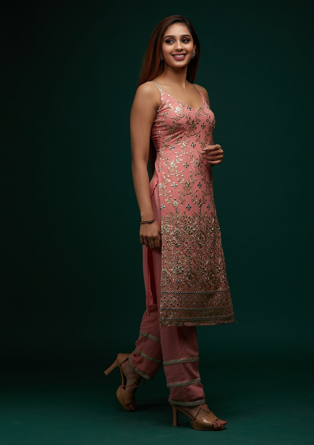 Onion Pink Zariwork Georgette Designer Salwar Suit - Koskii