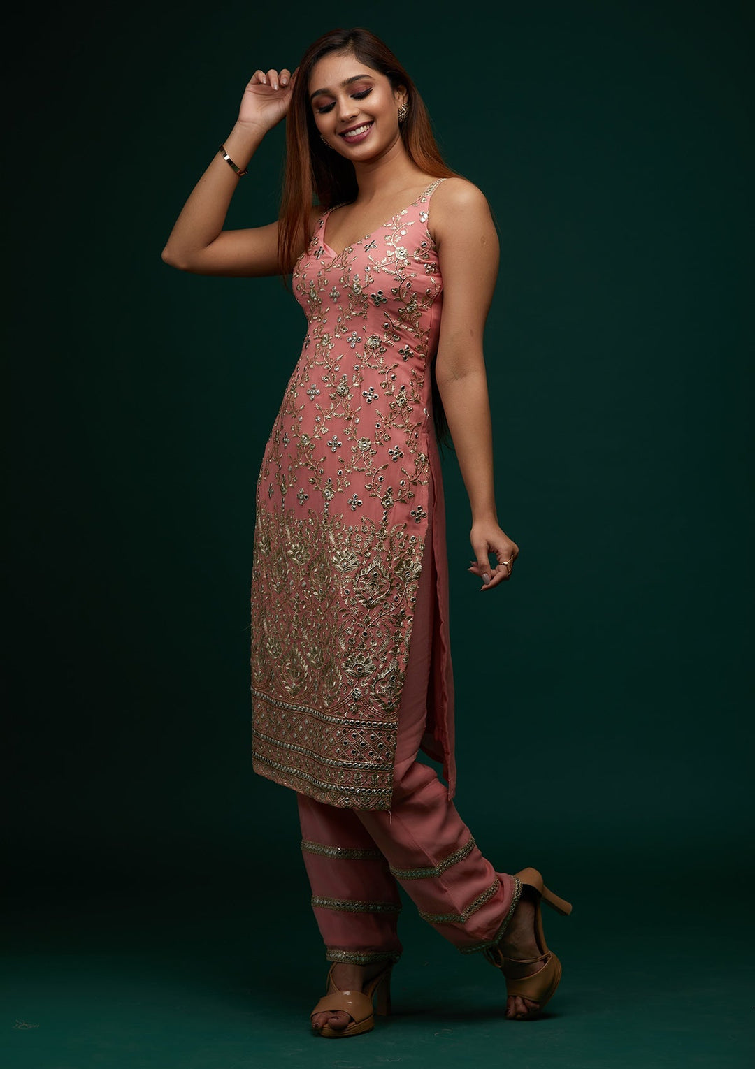 Onion Pink Zariwork Georgette Designer Salwar Suit - Koskii