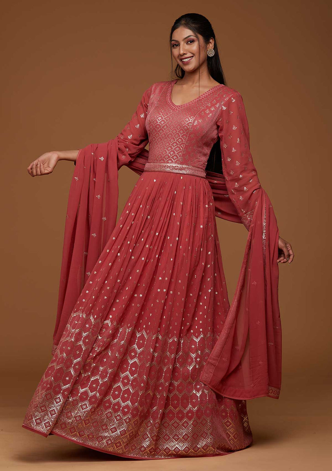 Onion Pink Zariwork Georgette Designer Anarkali Suit-Koskii