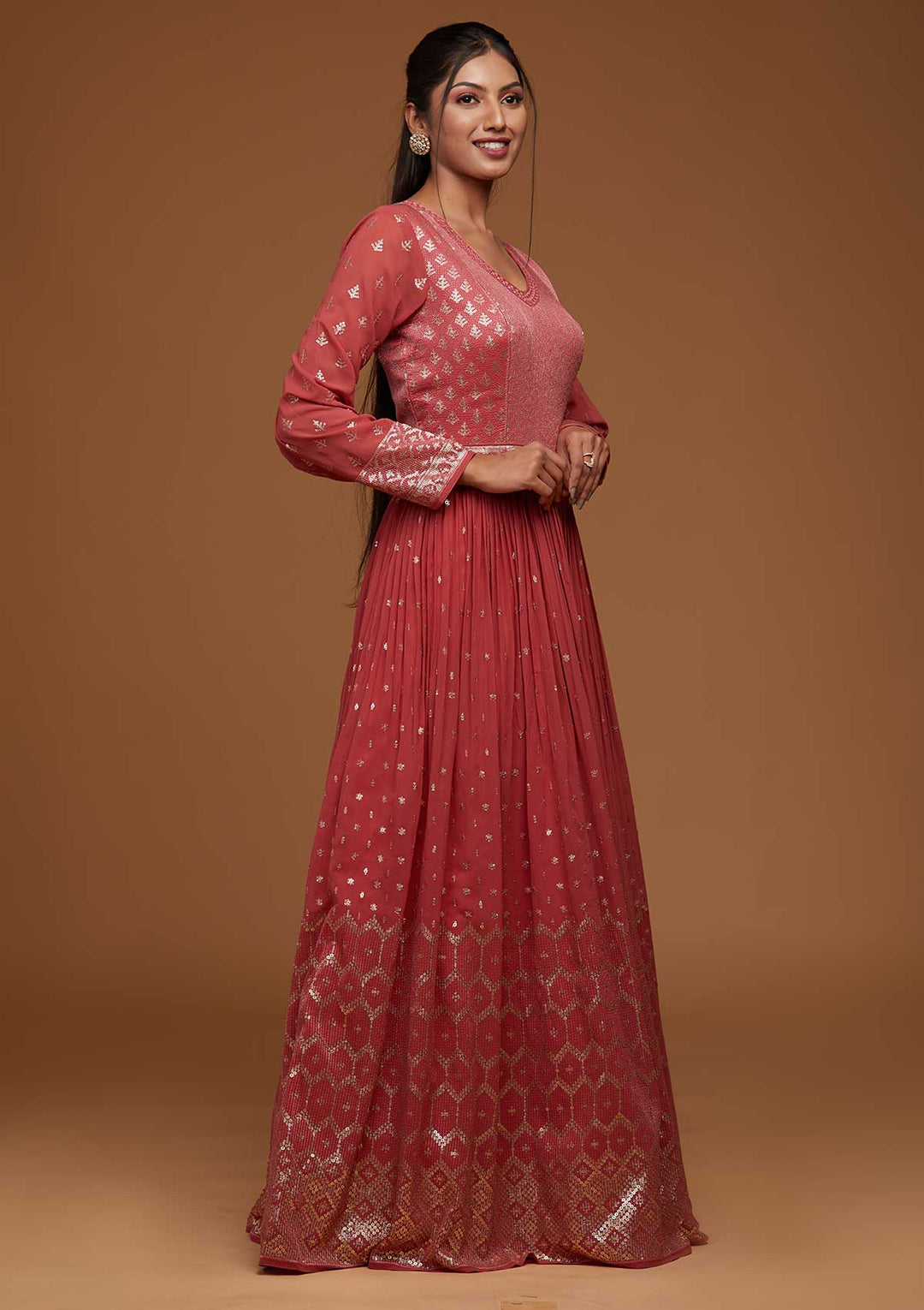 Onion Pink Zariwork Georgette Designer Anarkali Suit-Koskii