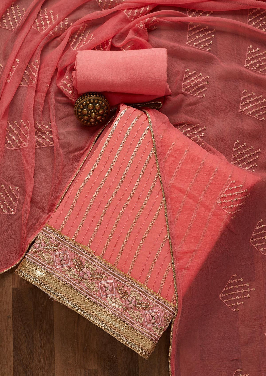 Onion Pink Zariwork Georgette Unstitched Salwar Suit-Koskii